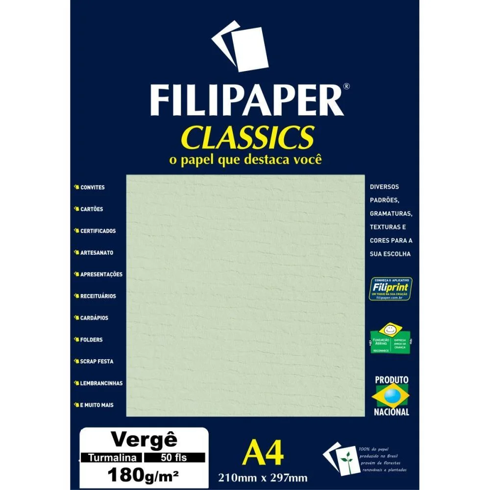 Papel A4 Verge Turmalina Verde 180G. Filiperson 50 Unidades