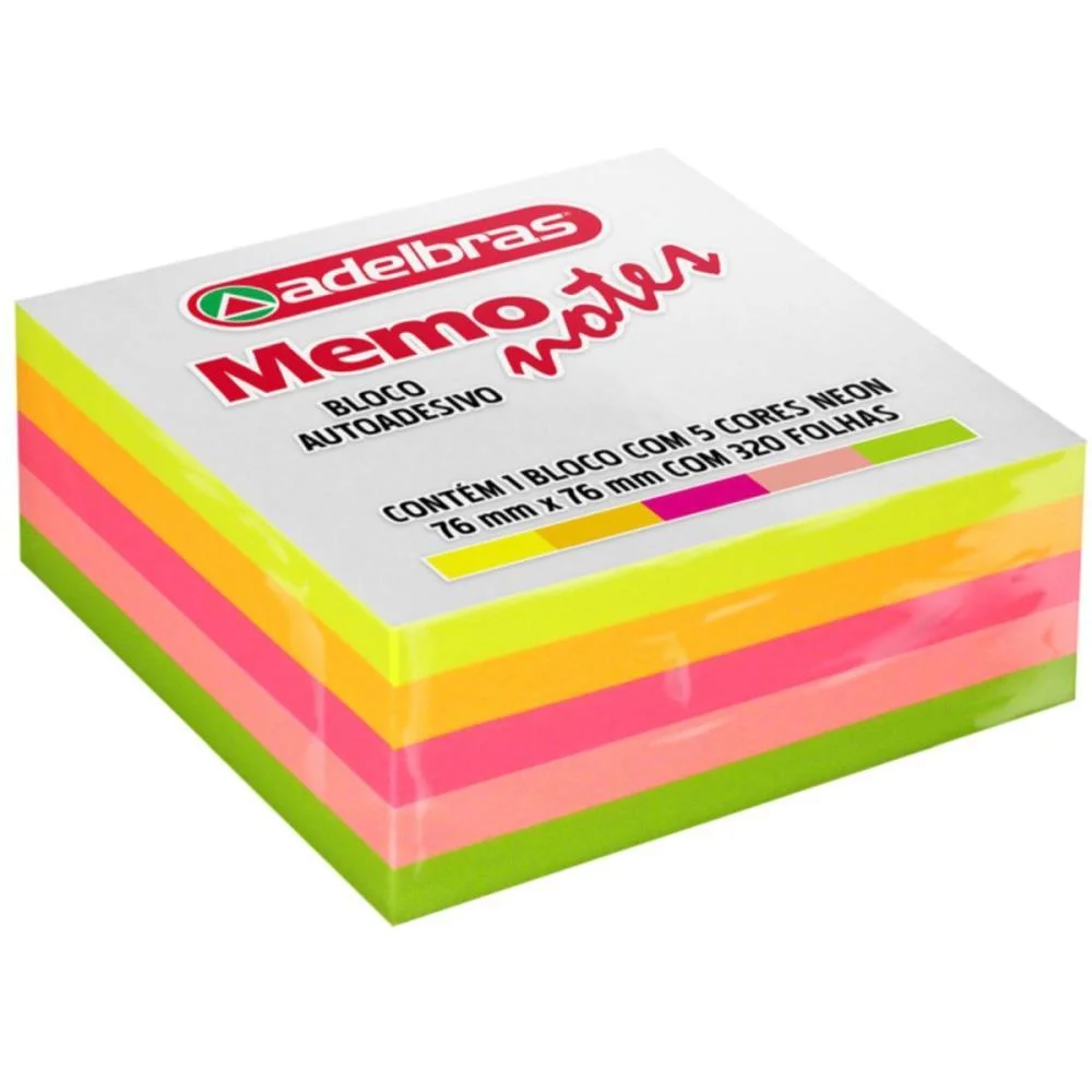 Bloco De Recado Autoadesivo Memonote Neon 76X76 320Fls Adelbras