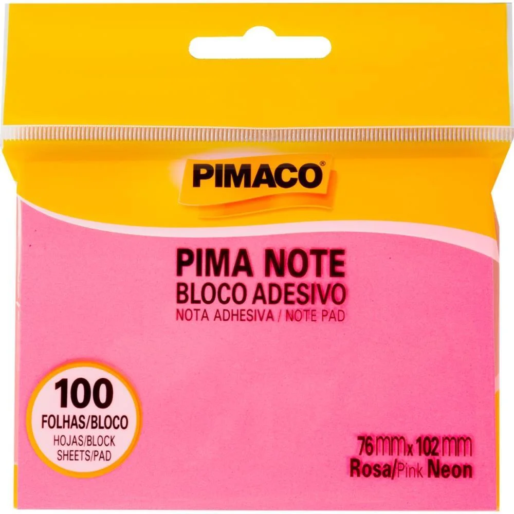 Bloco De Recado Autoadesivo Pimanote Rosa 76X102Mm 100Fls Pimaco