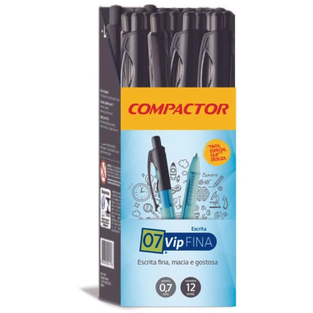 Caneta Esferografica Retratil 07 Vip Fina Preta Compactor (Cx.c/12)