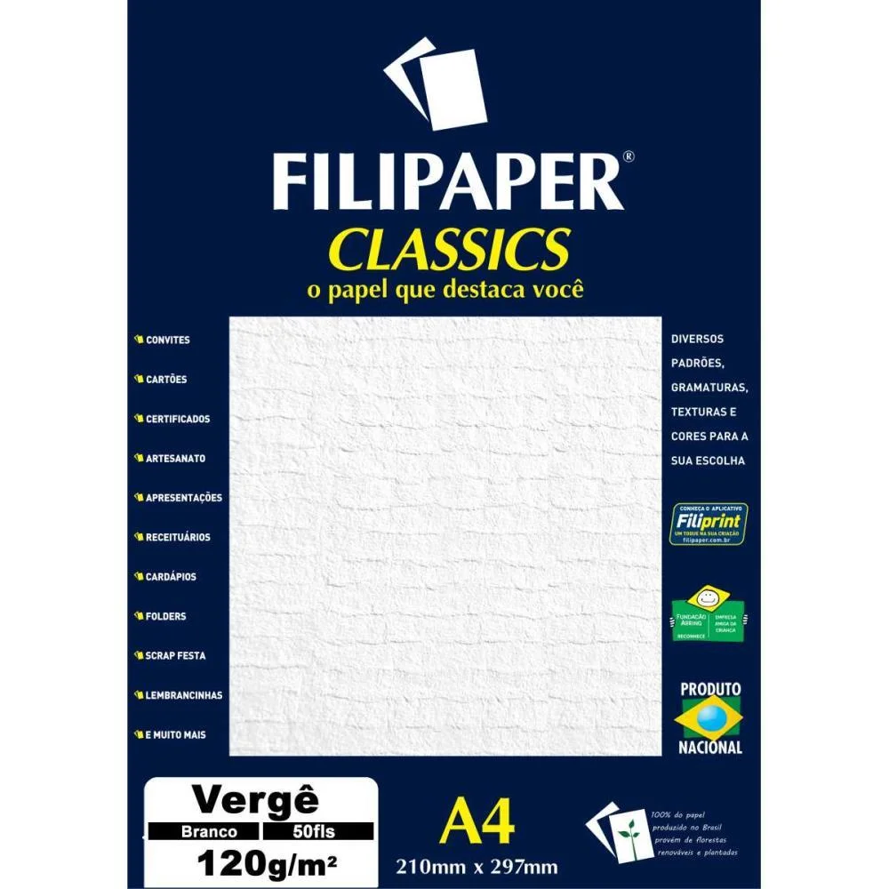 Papel A4 Verge Branco 120G. Filiperson 50 Unidades
