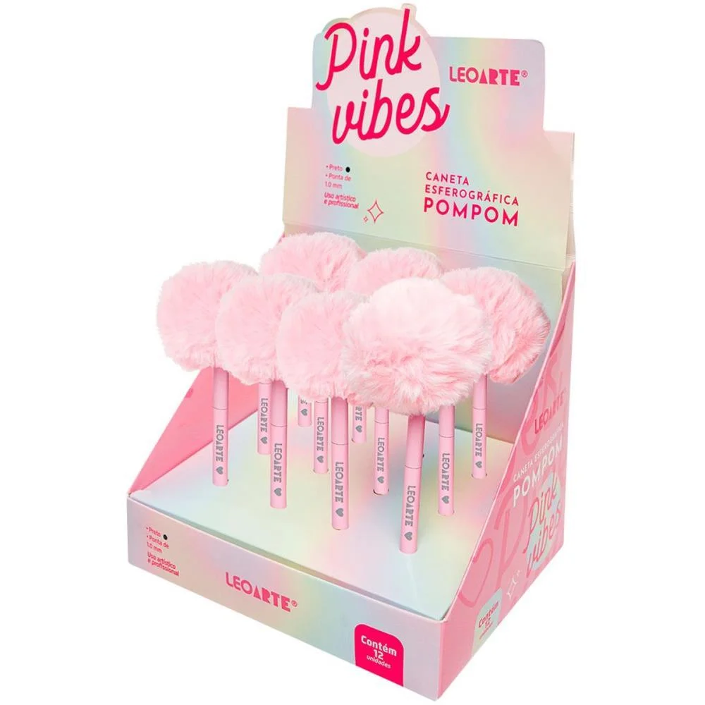 Caneta Esferografica Pink Vibes Pompom 1.0 Preta Leonora C/ 12 Unidades