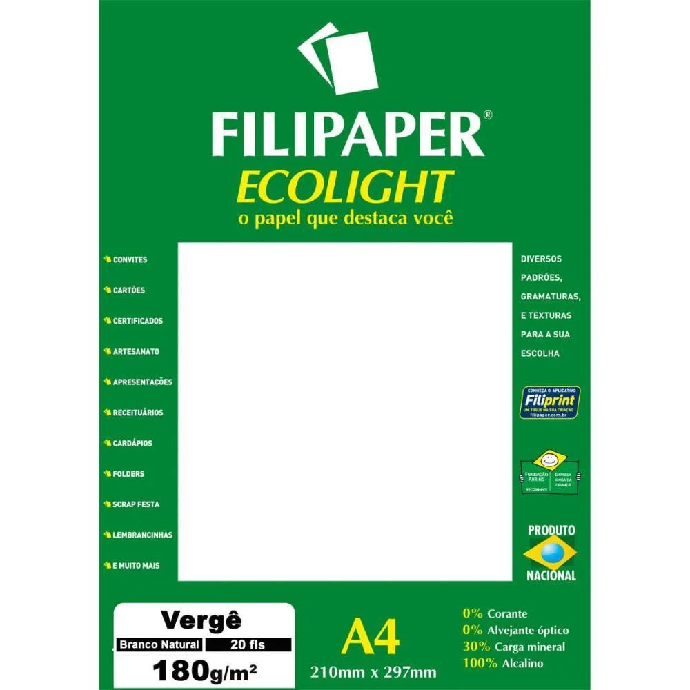 Papel A4 Verge Branco Ecolight 180G. Filiperson Com 20 Unidades