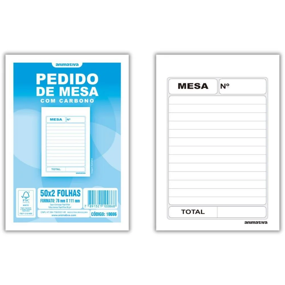 Impresso Talao De Pedido Mesa 2 Vias 50 Folhas Carbono Animativa (Pct.c/20)
