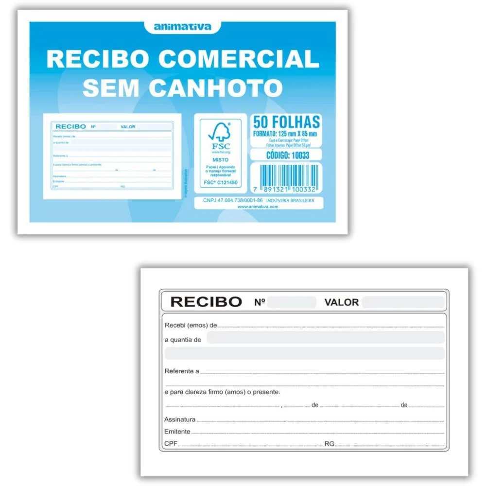 Impresso Recibo Comercial Sem Canhoto 50F Animativa (Pct.c/20)