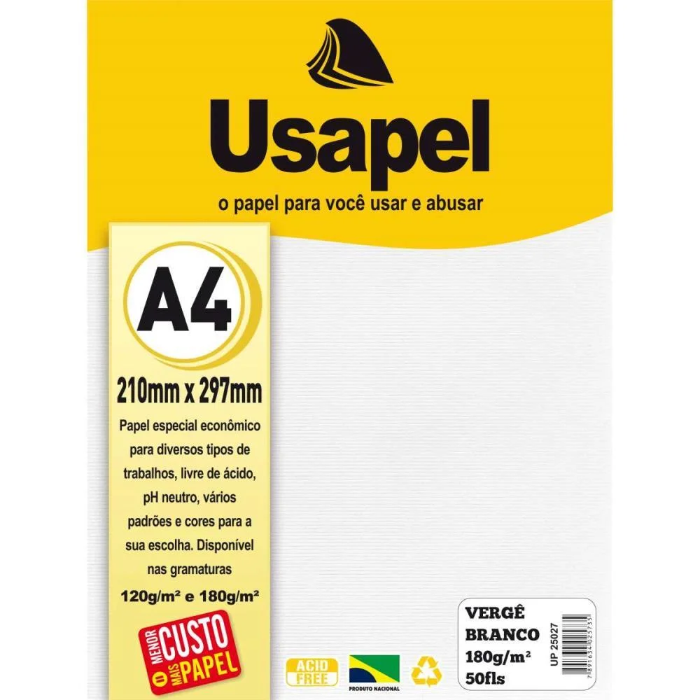 Papel A4 Verge Usapel Branco 180G. Filiperson Com 50 Unidades