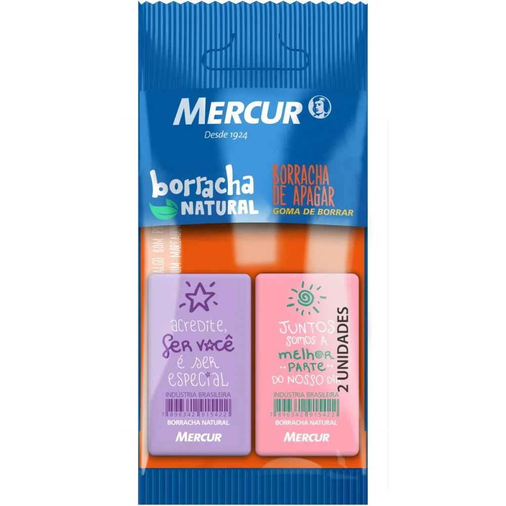 Borracha Colorida Pull Pack Retang 1Lilas/1Rosa Mercur (Bl.c/02)
