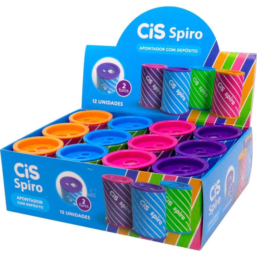 Apontador Com Deposito 2 Furos Cis Spiro Lata 4 Cores Sertic C/ 12 Unidades