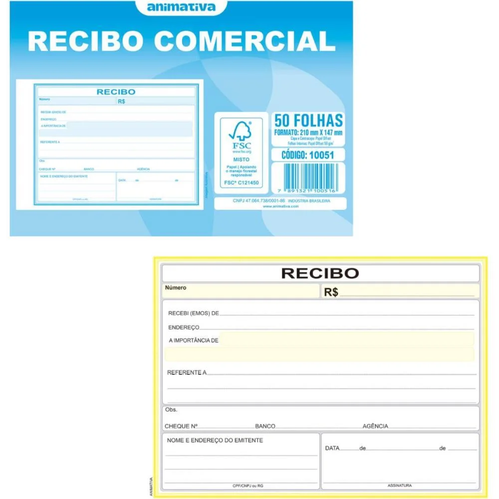 Impresso Recibo Comercial Sem Copia 50F Grande Animativa (Pct.c/20)