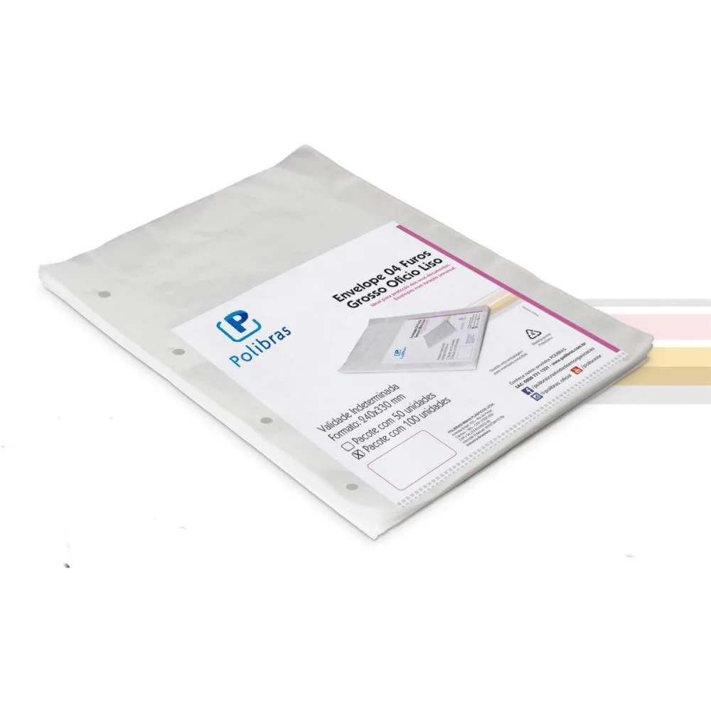 Envelope Plastico Oficio 4Furos Grosso 0,15Mm Polibras C/ 100 Unidades