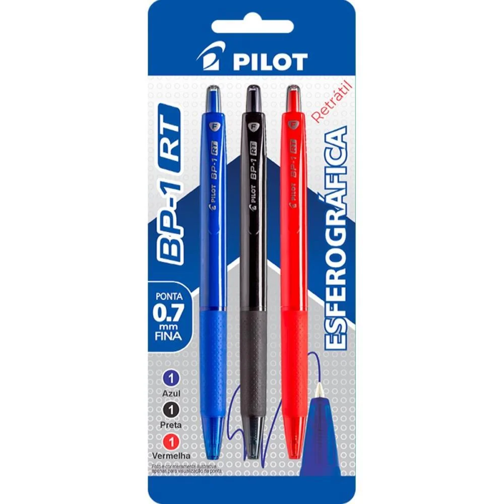 Caneta Esferografica Retratil Bp-1 0.7 Az/Pt/Verm Pilot (Bl.c/03)