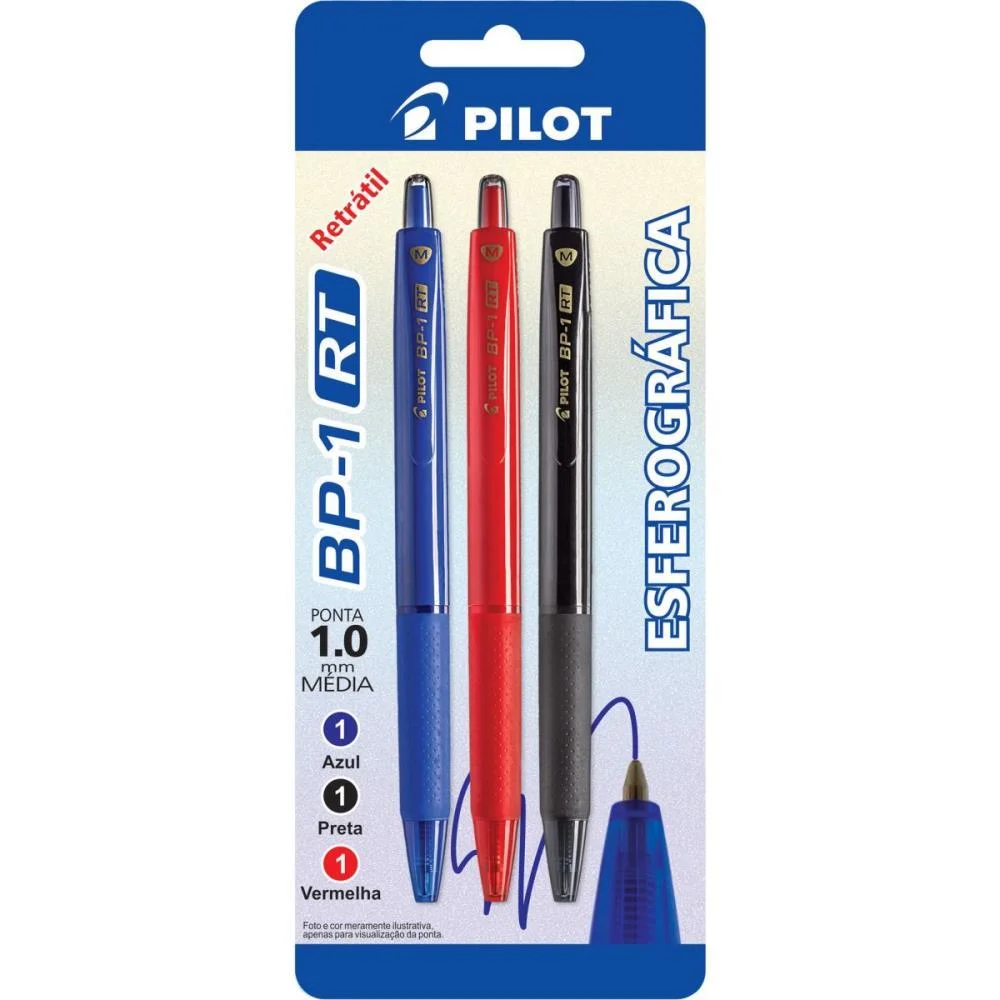 Caneta Esferografica Retratil Bp-1 1.0 Az/Pt/Verm Pilot (Bl.c/03)