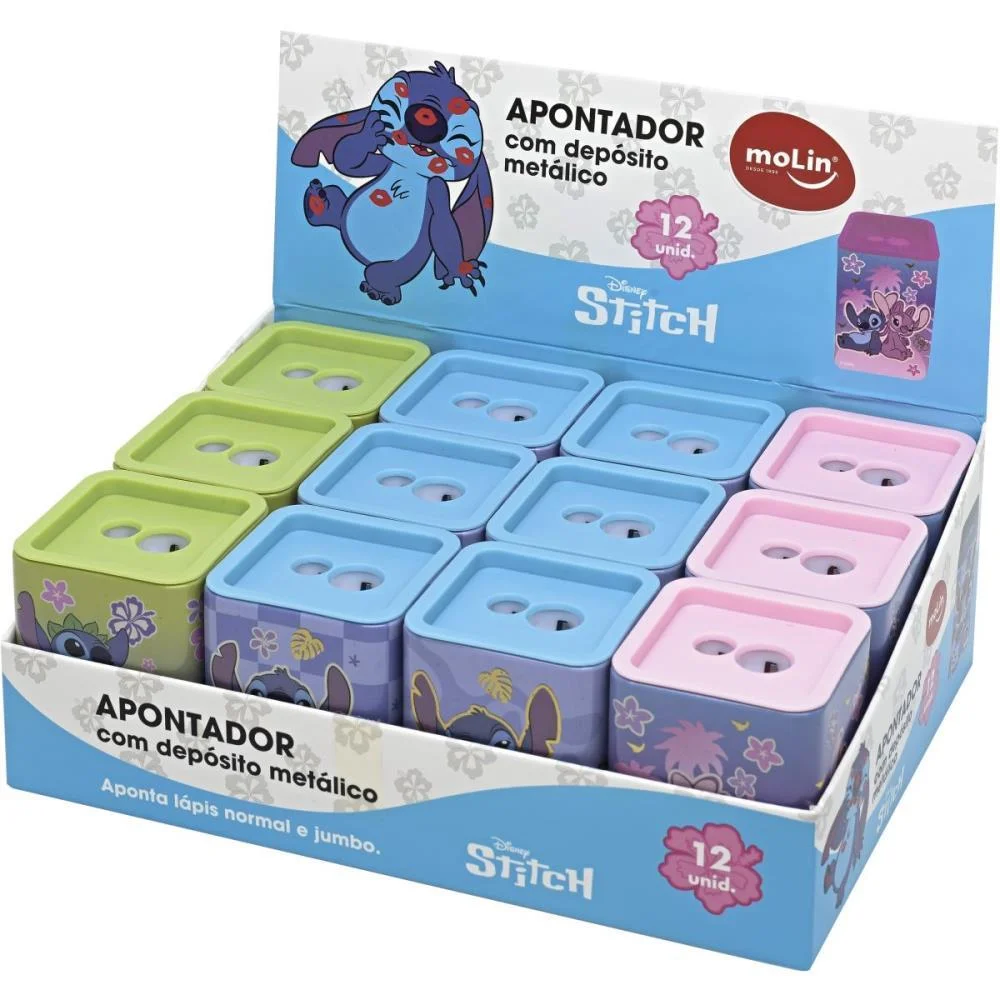 Apontador Com Deposito 2 Furos Stitch Quadrado Metalico 4Mod Molin C/ 12 Unidades