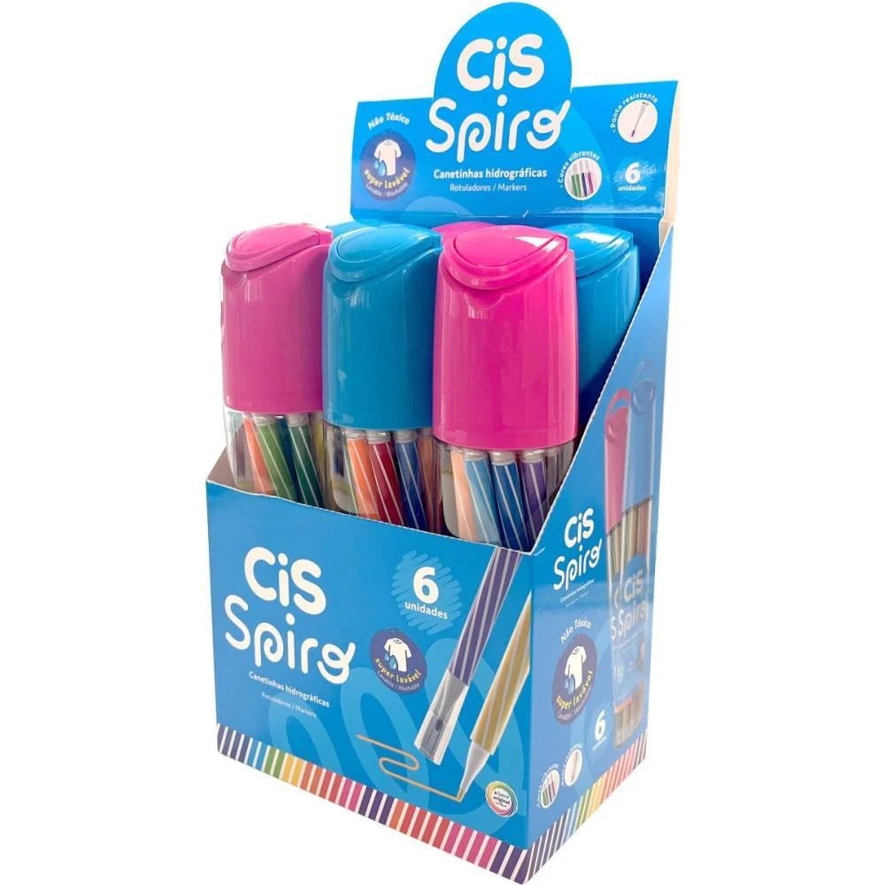 Caneta Hidrografica Cis Spiro 12 Cores Azul/Rosa Sertic C/ 6 Unidades