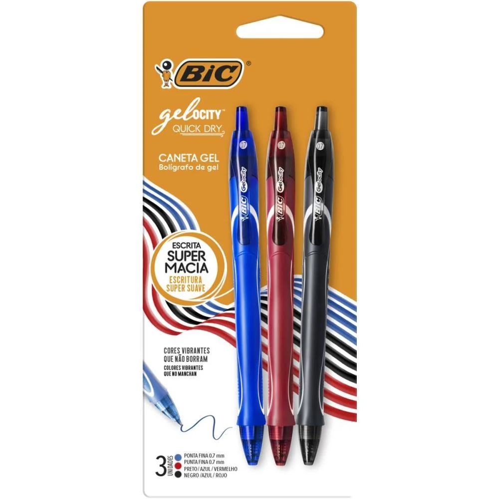 Caneta Gel Bic Quick Dry Az/Pt/Vm Bic (Bl.c/03)