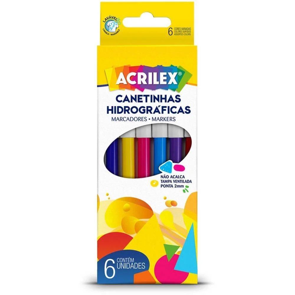 Caneta Hidrografica Ponta 2Mm 6 Cores Tampa Ventil Acrilex (Pct.c/24)