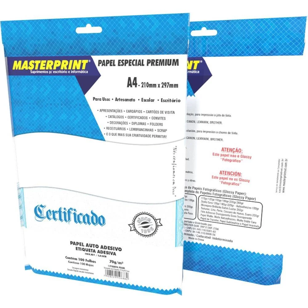 Etiqueta A4 Auto Adesivo Ink/Laser 70G. Masterprint C/ 100 Unidades