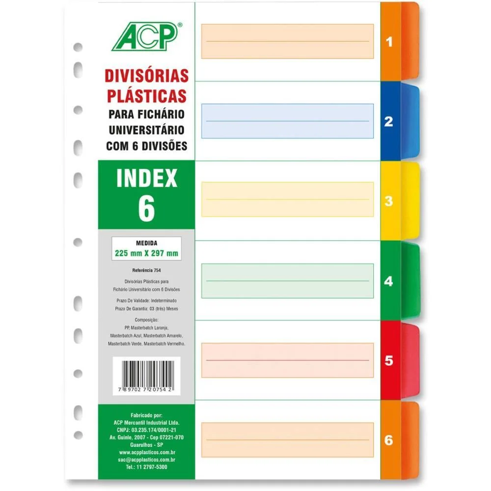 Divisoria Fichario Plastica 06 Projecoes Colorido Acp