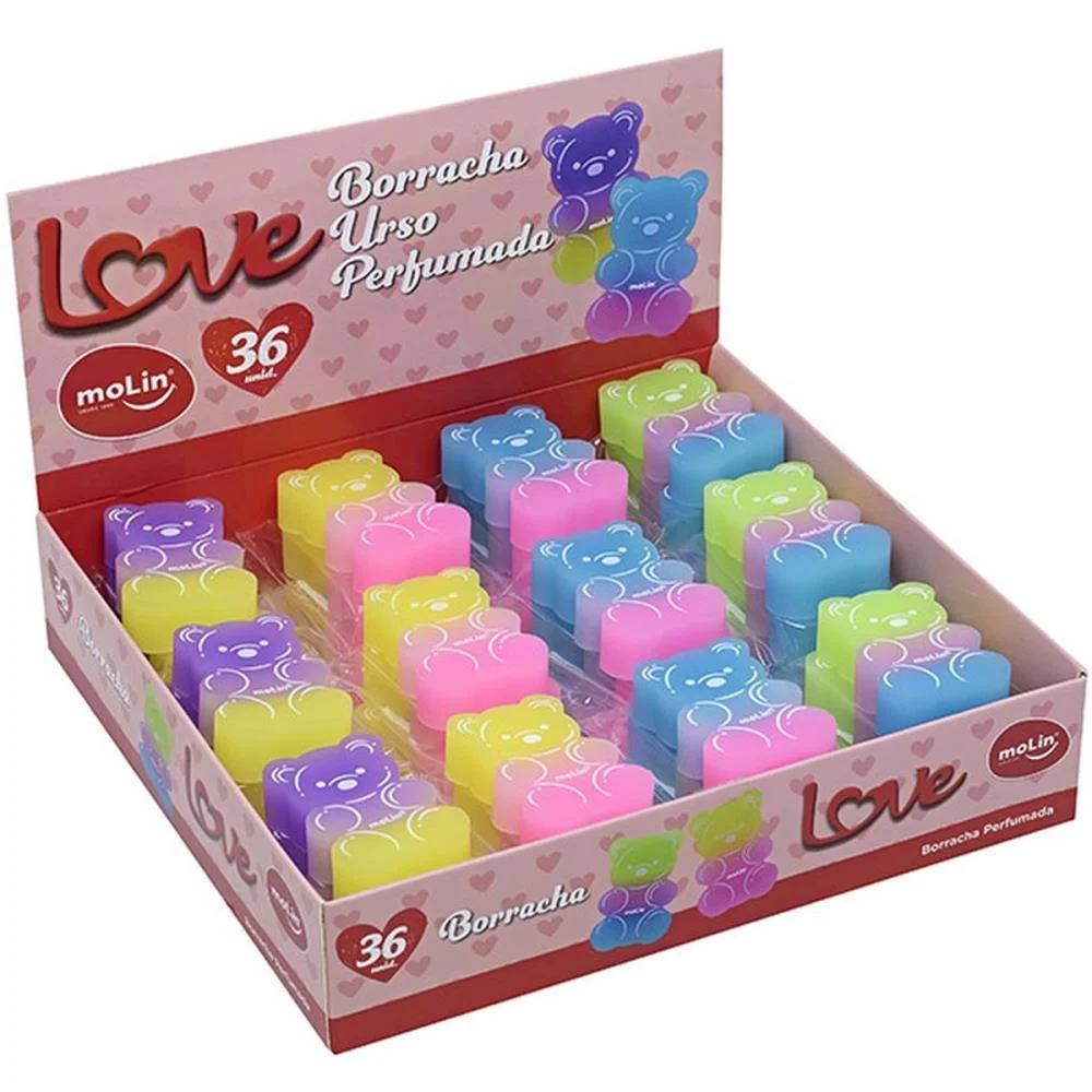 Borracha Decorada Love Urso 4 Cores Molin C/ 36 Unidades