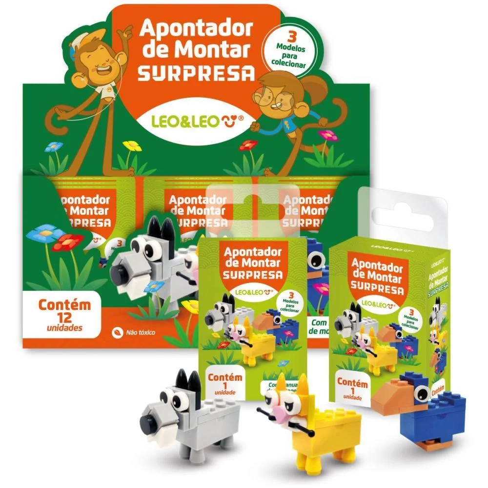 Apontador Com Deposito Montar Animais Surpresa 3Mod Leonora C/ 12 Unidades