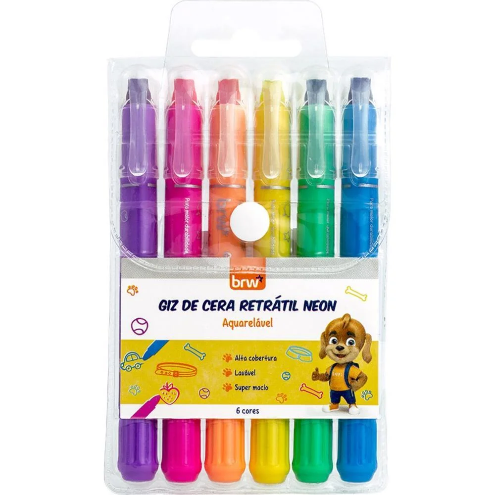 Giz De Cera Jumbo Retratil Neon 6 Cores Brw (Blister)