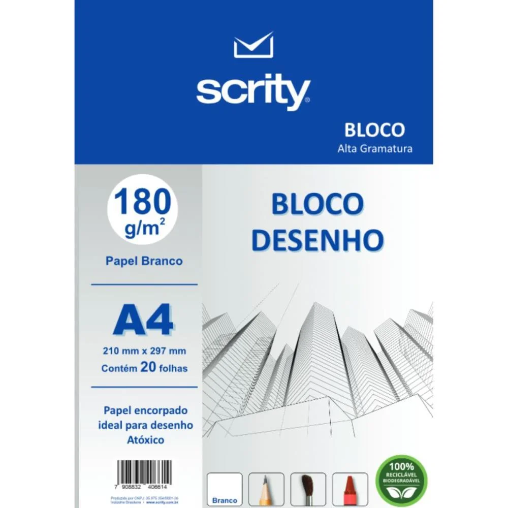Bloco Para Educacao Artistica Desenho A4 Branco 180G 20Fls. Scrity (Pacote)