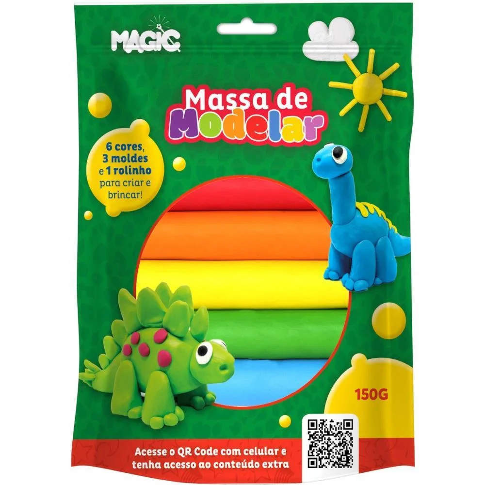 Massa Para Modelar Criativa Dinossauro 6Cores 150G C/Acess Magic Kids