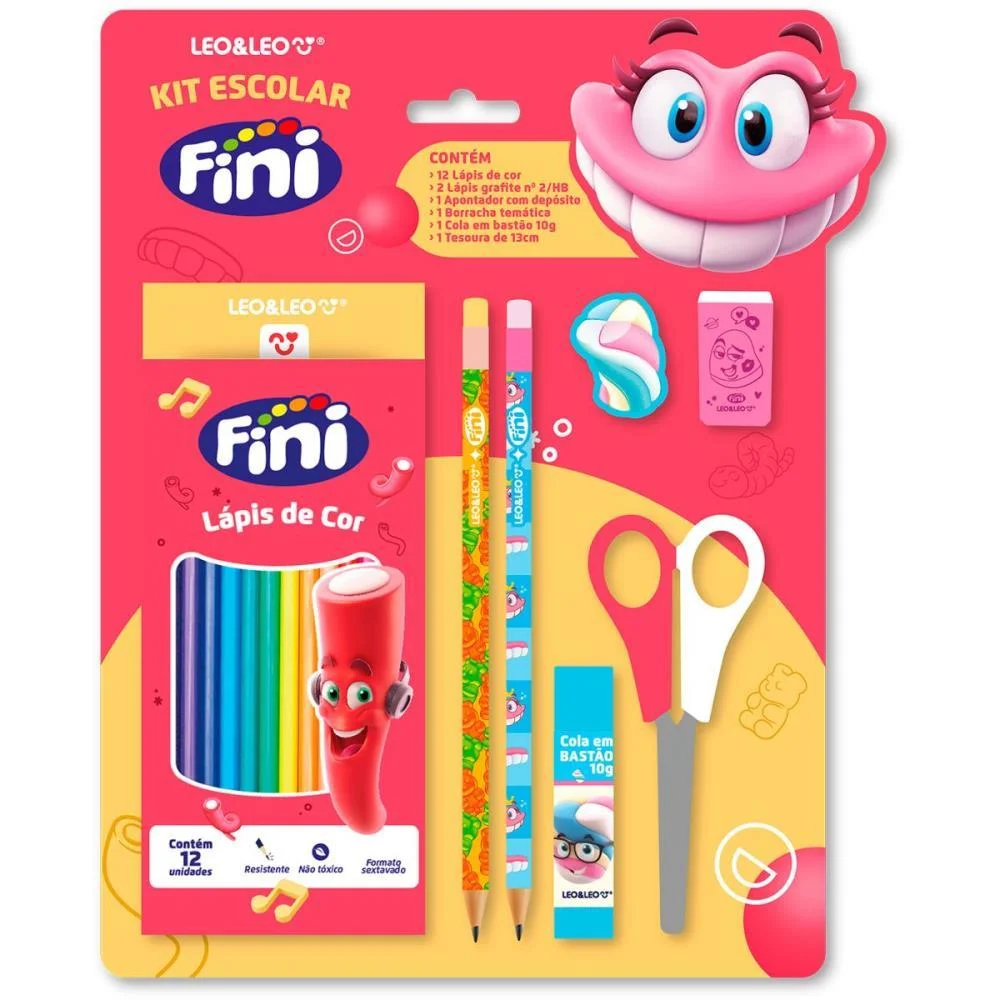 Kit Escolar Fini 12 Lapis De Cor + 6 Pecas Leonora (Blister)