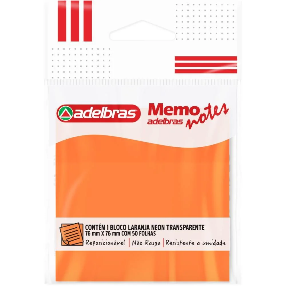 Bloco De Recado Autoadesivo Memonote Transp 76X76 Laranja Adelbras