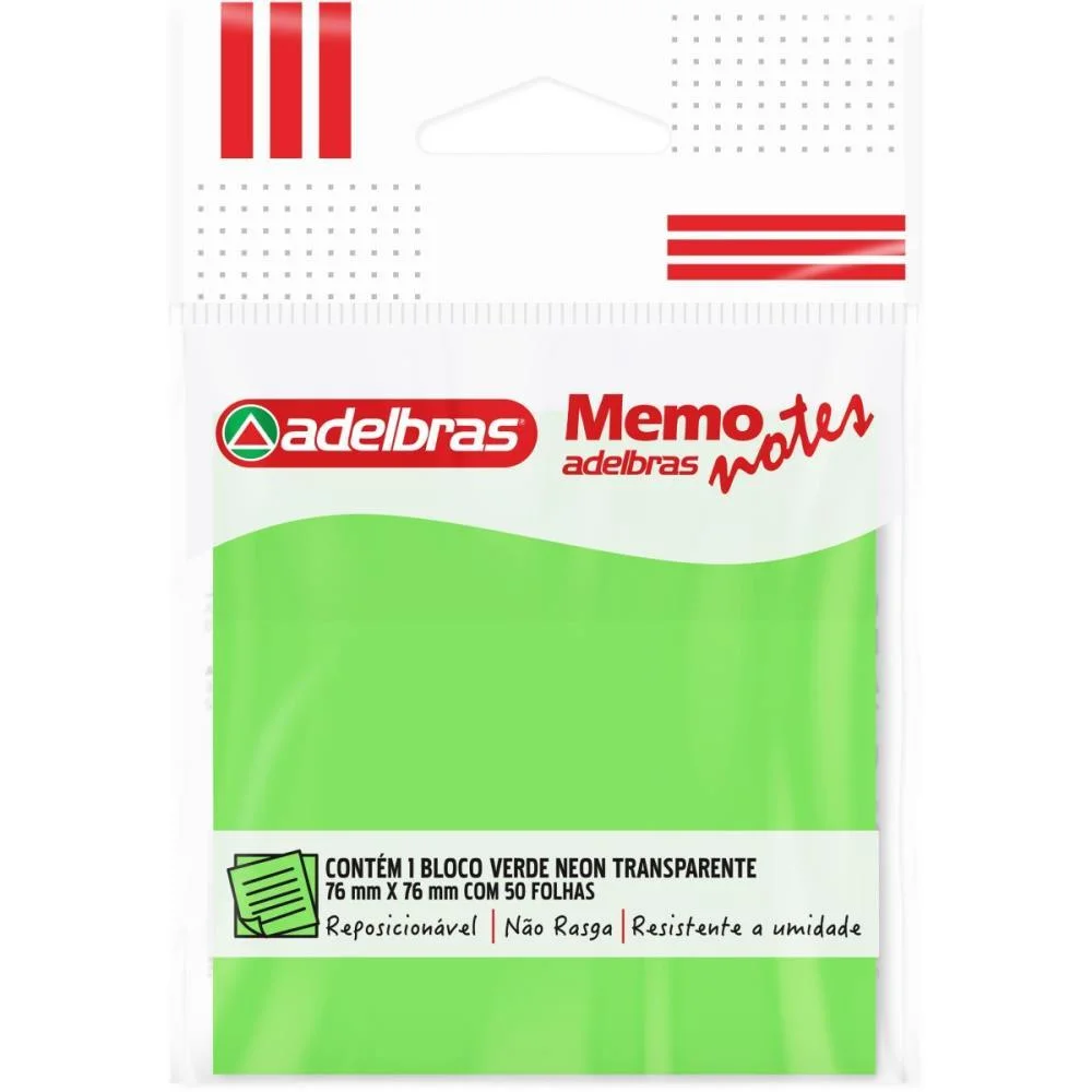 Bloco De Recado Autoadesivo Memonote Transp 76X76 Verde Ne Adelbras