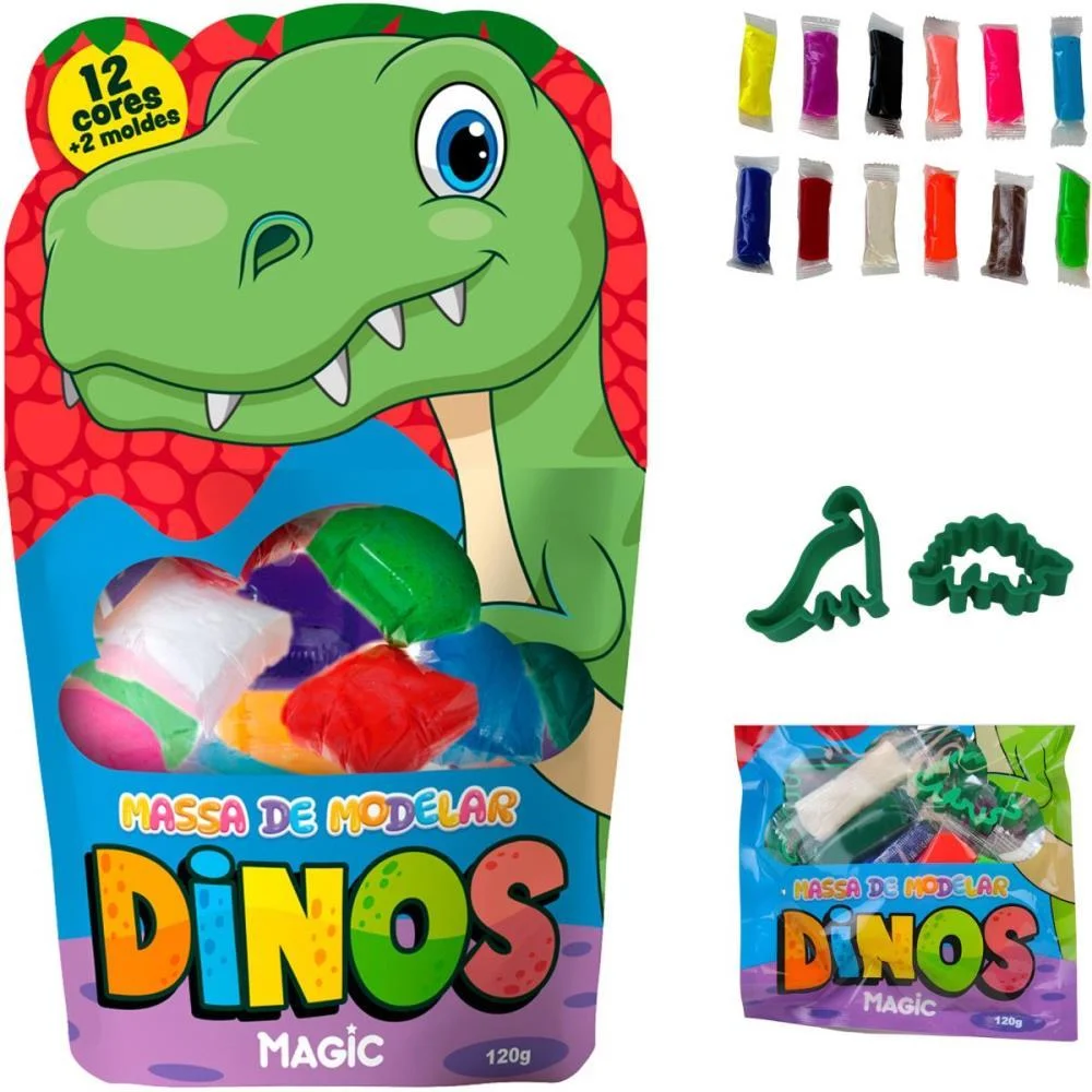 Massa Para Modelar Criativa Dino 120G Com 12 Cores/2Moldes Magic Kids