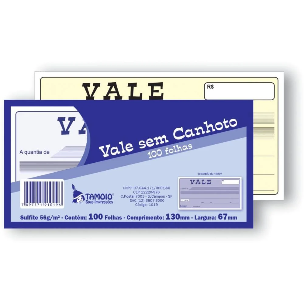 Impresso Recibo Vale Sem Canhoto 100Fls Tamoio (Pct.c/05)