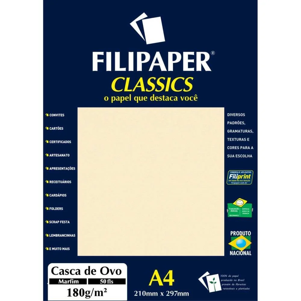 Papel A4 Casca De Ovo Marfim 180G. Filiperson (Cx.c/50)