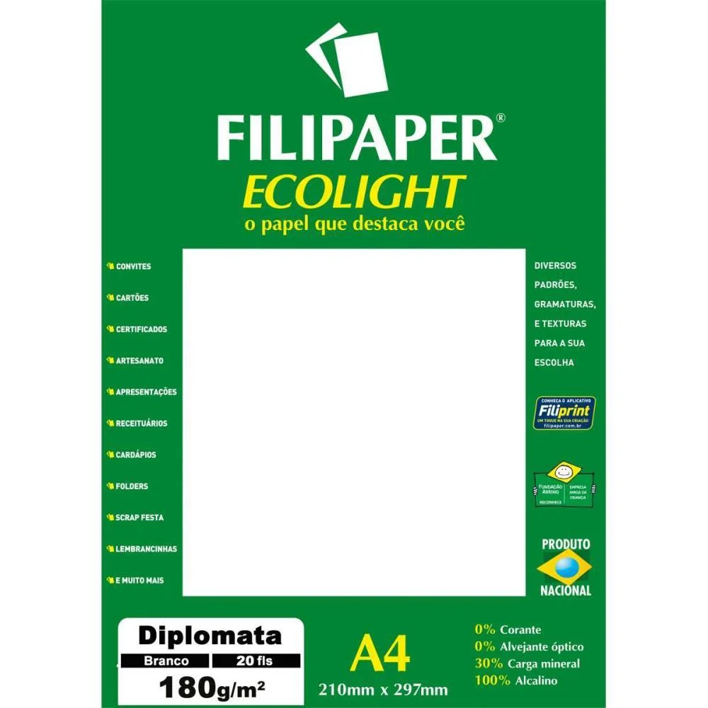 Papel A4 Diplomata Ecolight Branco 180G. Filiperson (Cx.c/20)