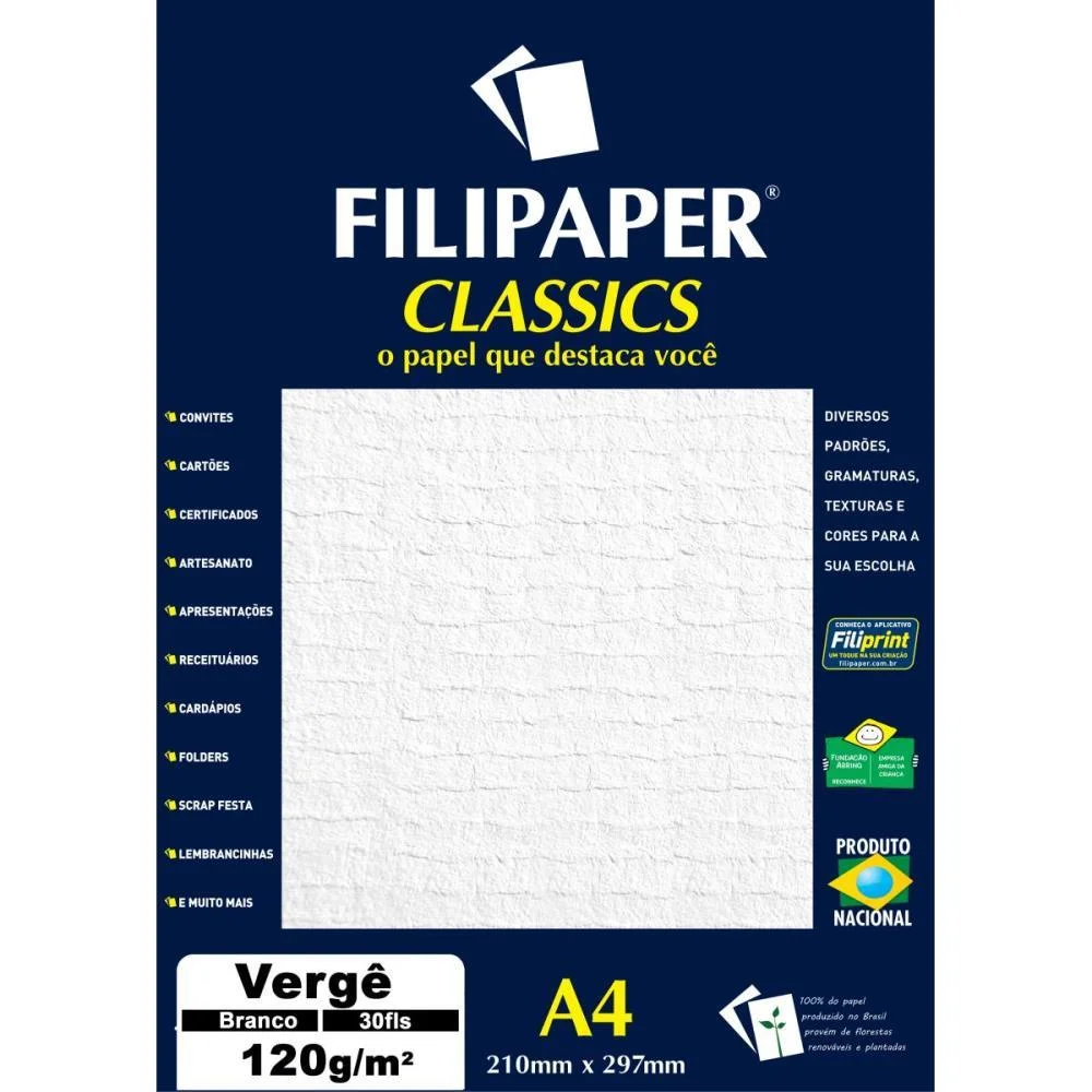 Papel A4 Verge Branco 120G. Filiperson (Cx.c/30)