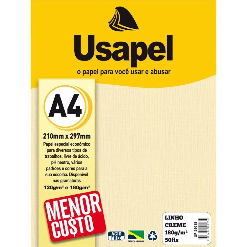 Papel A4 Linho Usapel Creme 180G. Filiperson (Pct.c/50)