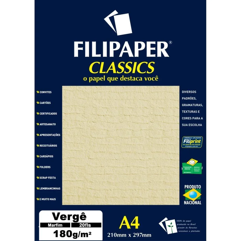 Papel A4 Verge Marfim 180G. Filiperson (Cx.c/20)