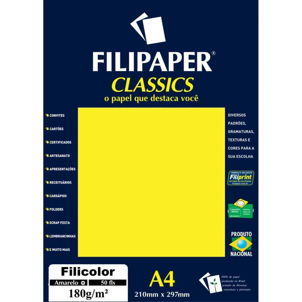 Papel A4 Color Filicolor Amarelo 180G. Filiperson (Pct.c/50)