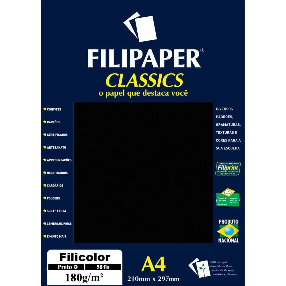 Papel A4 Color Filicolor Preto 180G. Filiperson (Pct.c/50)