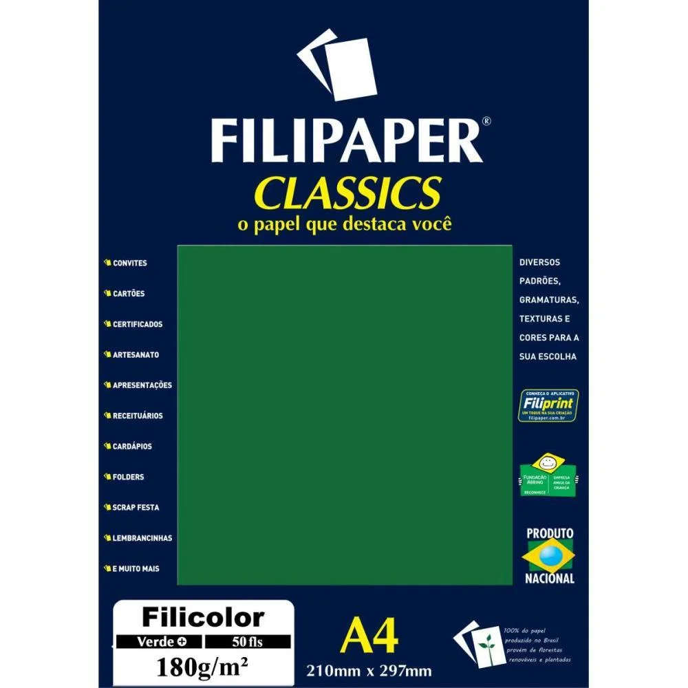 Papel A4 Color Filicolor Verde 180G. Filiperson (Pct.c/50)