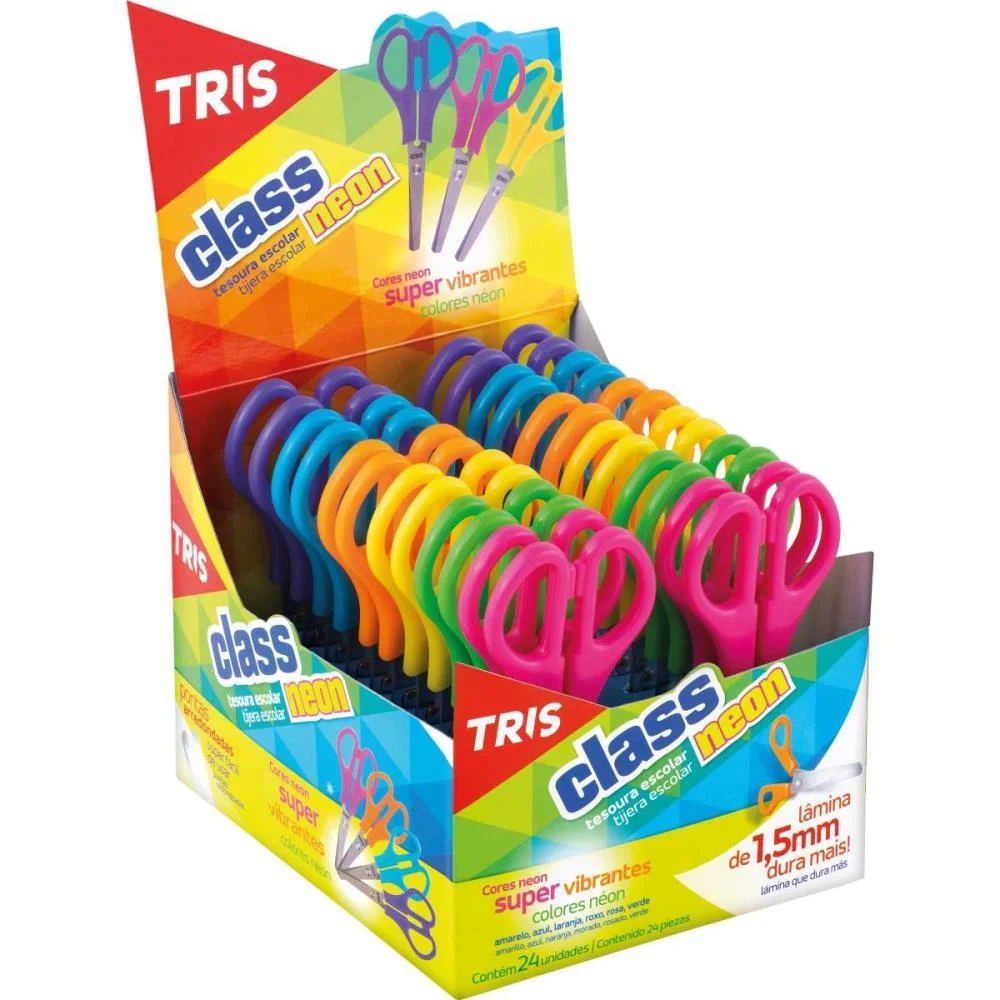 Tesoura Escolar Tris Class Neon 13Cm Cores (S) Summit C/ 24 Unidades