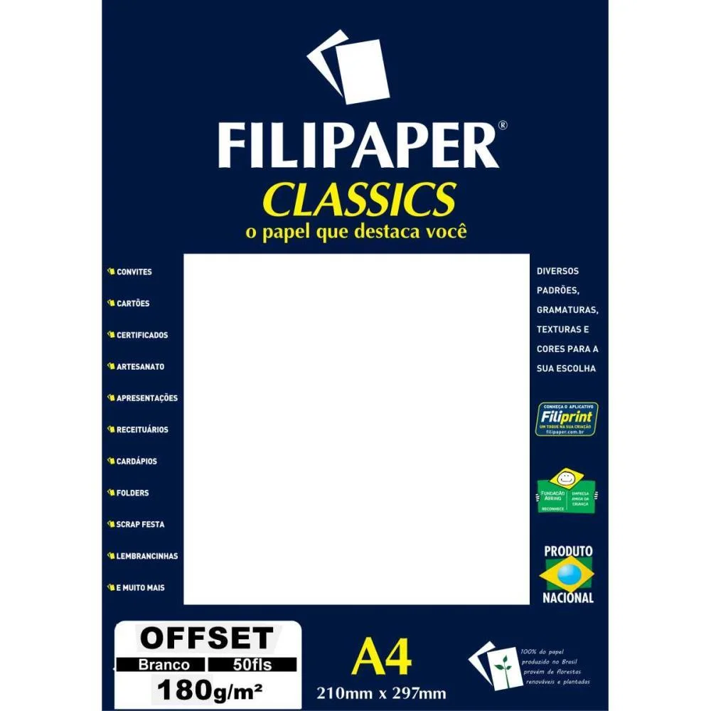 Papel Para Impressao A4 Offset Branco 180Gr. Filiperson (Pct.c/50)