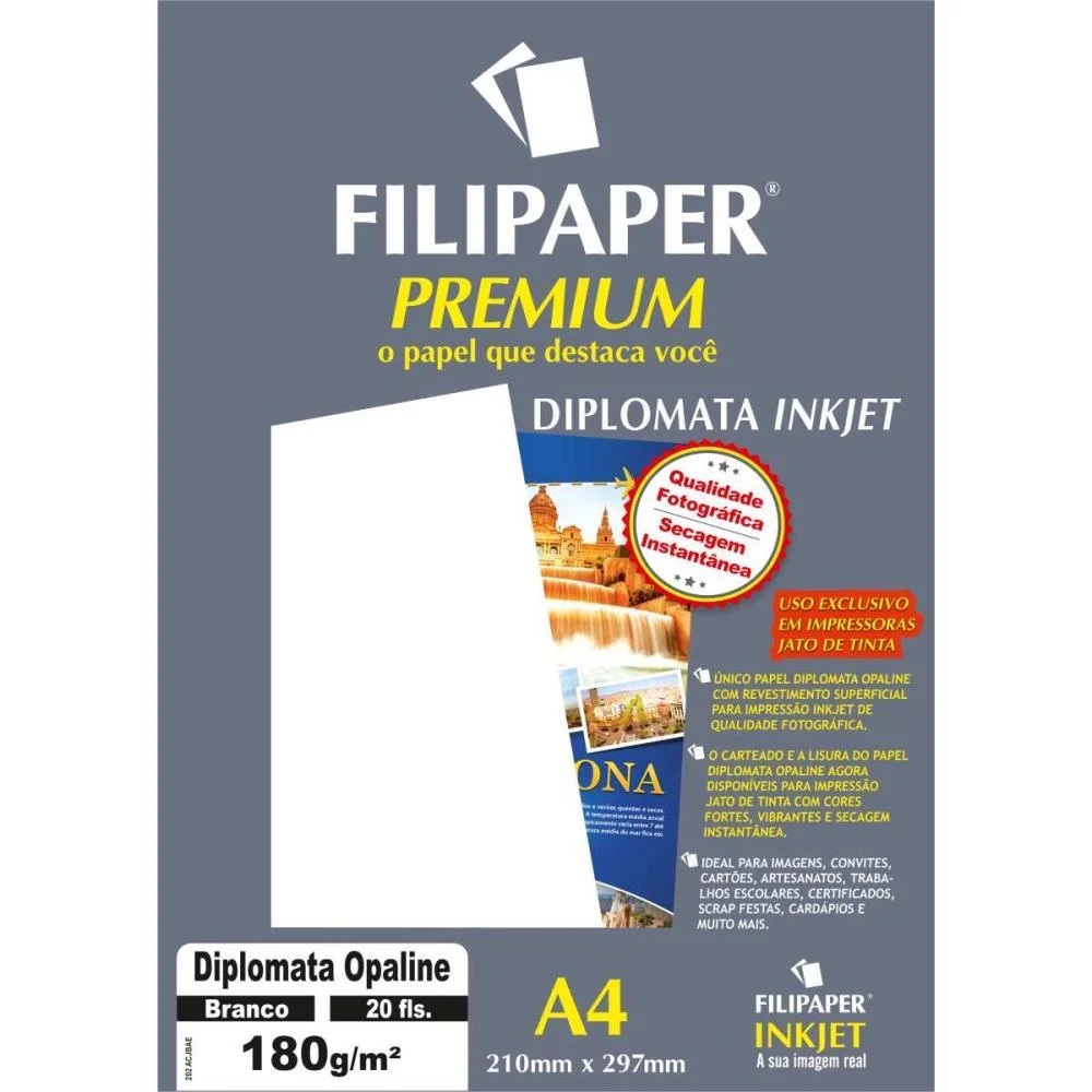 Papel A4 Diplomata Premium Branco 180G. Filiperson (Cx.c/20)