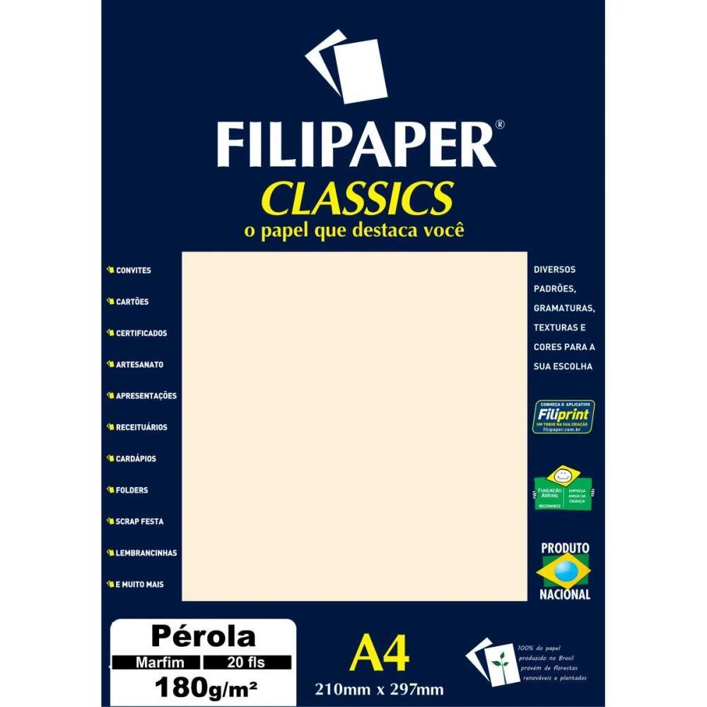 Papel A4 Perolado Marfim 180G. Filiperson (Cx.c/20)