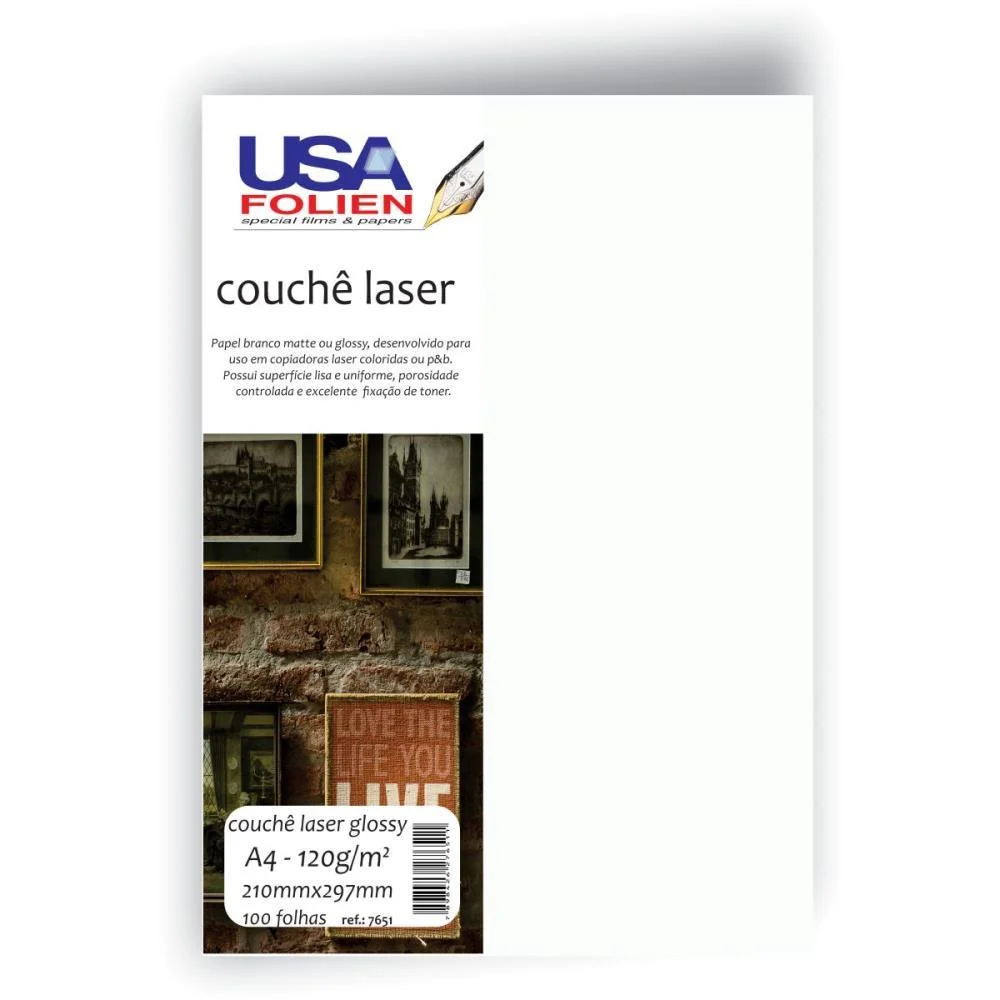 Papel A4 Couche Laser Glossy Branco 120G. Usa Folien Com 100 Unidades