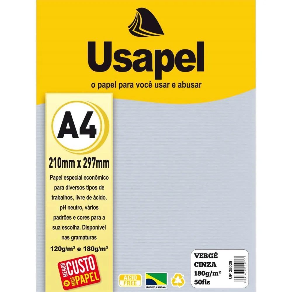Papel A4 Verge Usapel Cinza 180G. Filiperson (Pct.c/50)