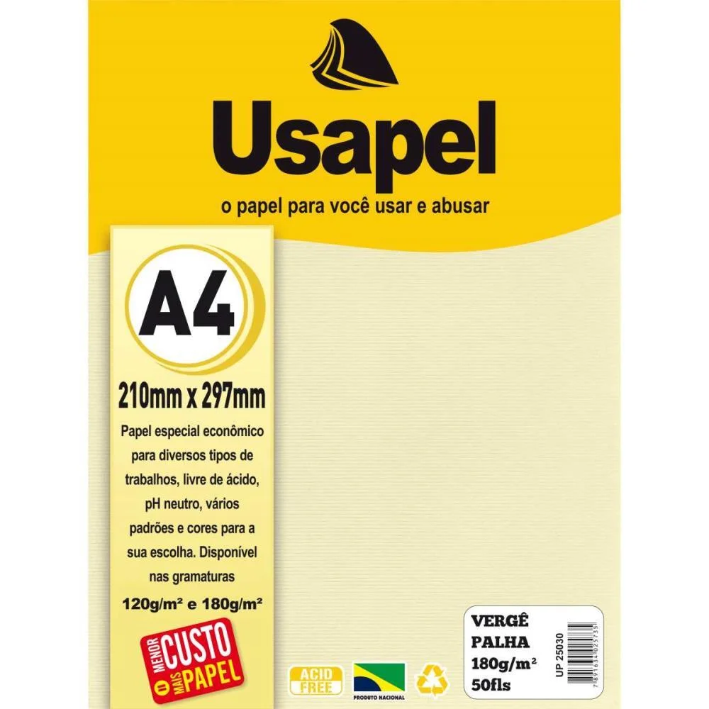 Papel A4 Verge Usapel Palha 180G. Filiperson (Pct.c/50)