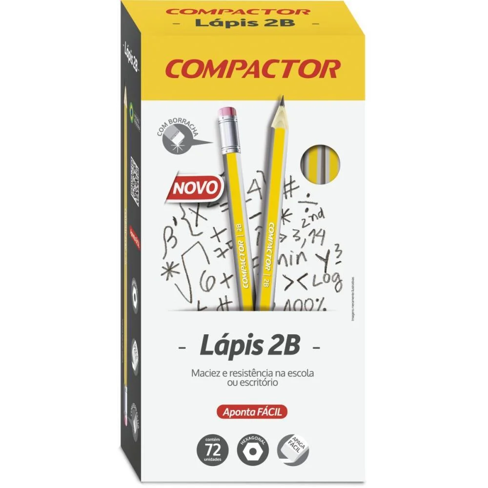 Lapis Preto Sextavado 2B C/Borracha Compactor (Cx.c/72)
