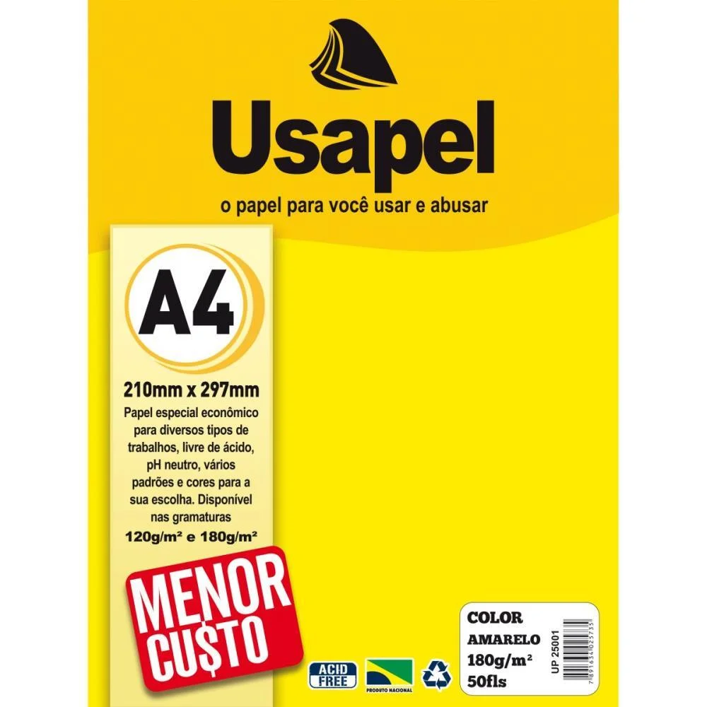 Papel A4 Color Usapel  Amarelo 180G Filiperson (Pct.c/50)