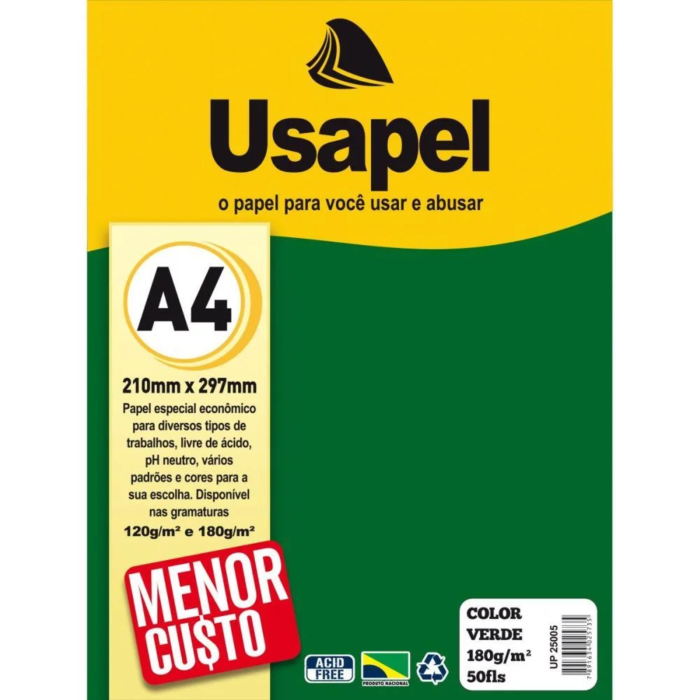 Papel A4 Color Usapel Verde 180G. Filiperson (Pct.c/50)